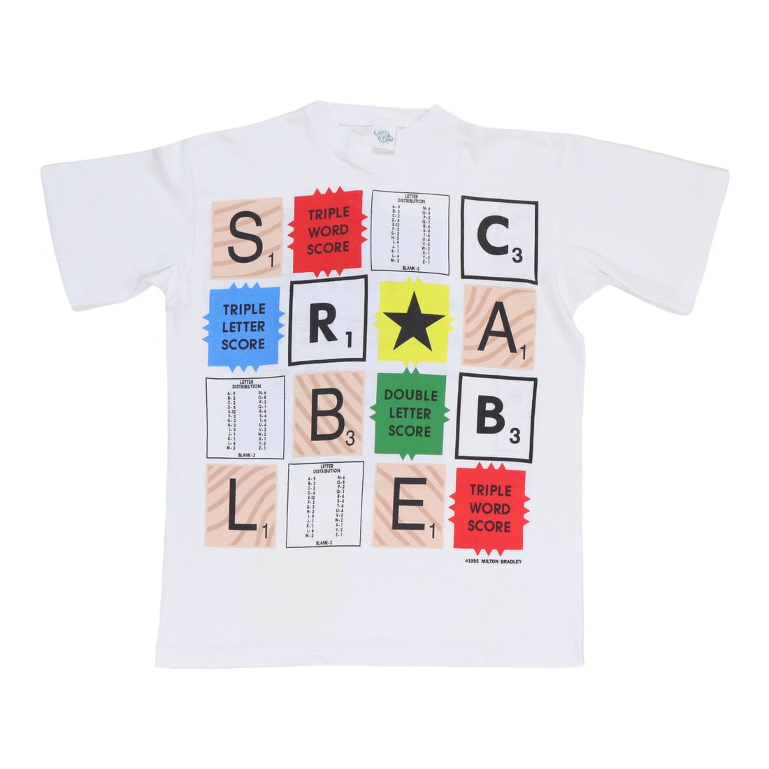 Vintage 1995 Scrabble Shirt by Milton Bradley 100 Percent Cotton White XL: Vintage 1995 Scrabble Shirt by Milton Bradley 100 Percent Cotton White XL This is an original vintage 1995 Scrabble shirt by Milton Bradley, featuring both front and back graphics. Made from 100% cott