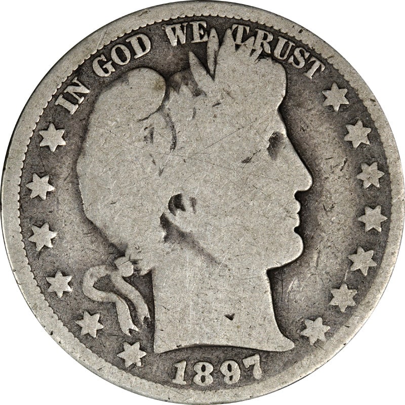 1897-O Silver Barber Half Dollar: 1897-O Silver Barber Half Dollar This is a 1897-O Barber Half Dollar from the United States. Composed of 90% silver, this circulated coin is from the New Orleans mint and dates to 1897. It is an uncer