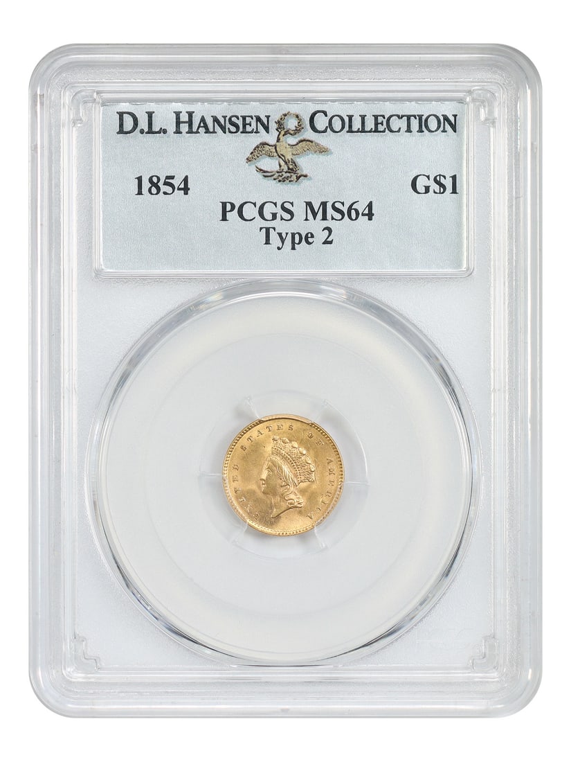 1854 Type 2 Gold Dollar G$1 PCGS MS64 ex D.L. Hansen: 1854 Type 2 Gold Dollar G$1 PCGS MS64 ex D.L. Hansen 1854 G$1 Type 2 Gold Dollar graded PCGS MS64, ex: D.L. Hansen. This uncirculated example shows satiny mint brilliance on both sides with uniform su