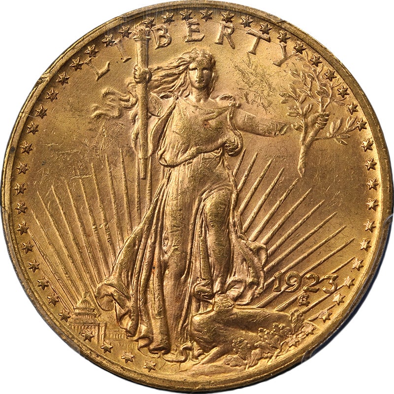 PCGS MS63 1923 P Saint Gaudens $20 Gold Coin: PCGS MS63 1923 P Saint Gaudens $20 Gold Coin Original 1923-P Saint-Gaudens Gold $20 coin graded PCGS MS63. This uncirculated example is noted for nice eye appeal, luster, strike, color, and surfaces. 