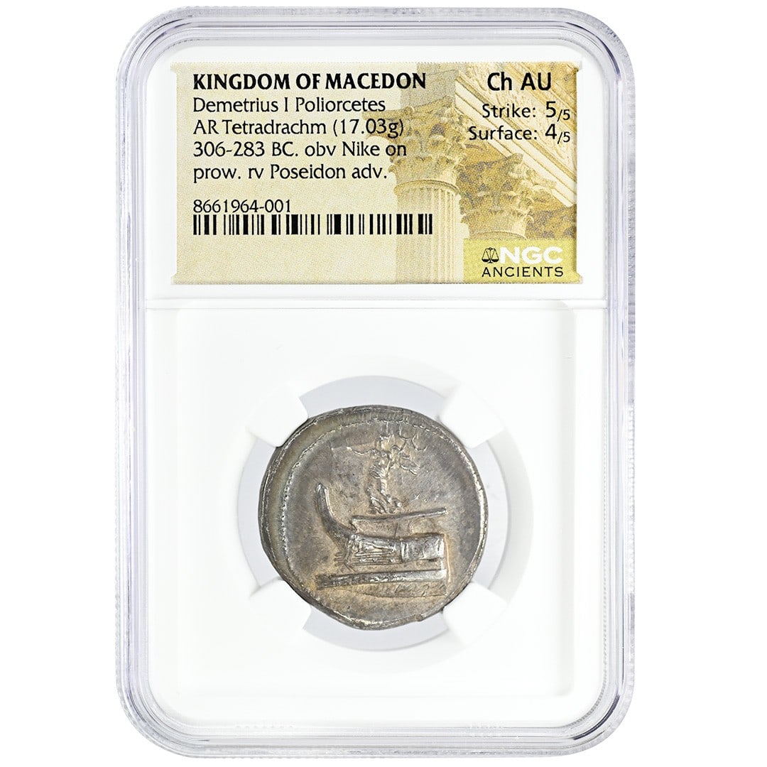 Demetrius AR Tetradrachm Ancient Macedon Silver NGC Certified: Demetrius AR Tetradrachm Ancient Macedon Silver NGC Certified This is an ancient silver AR Tetradrachm coin from the Kingdom of Macedon, issued under the rule of Demetrius. The coin has been authentic
