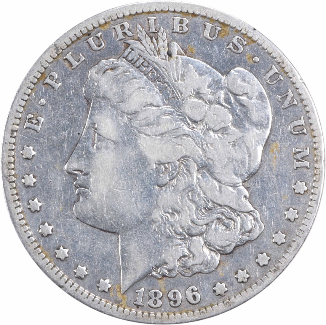 1896-S Morgan Silver Dollar VF Uncertified San Francisco Coin: 1896-S Morgan Silver Dollar VF Uncertified San Francisco Coin This 1896-S Morgan Silver Dollar is a classic piece in American numismatics, featuring a design by George T. Morgan. It is a circulated co