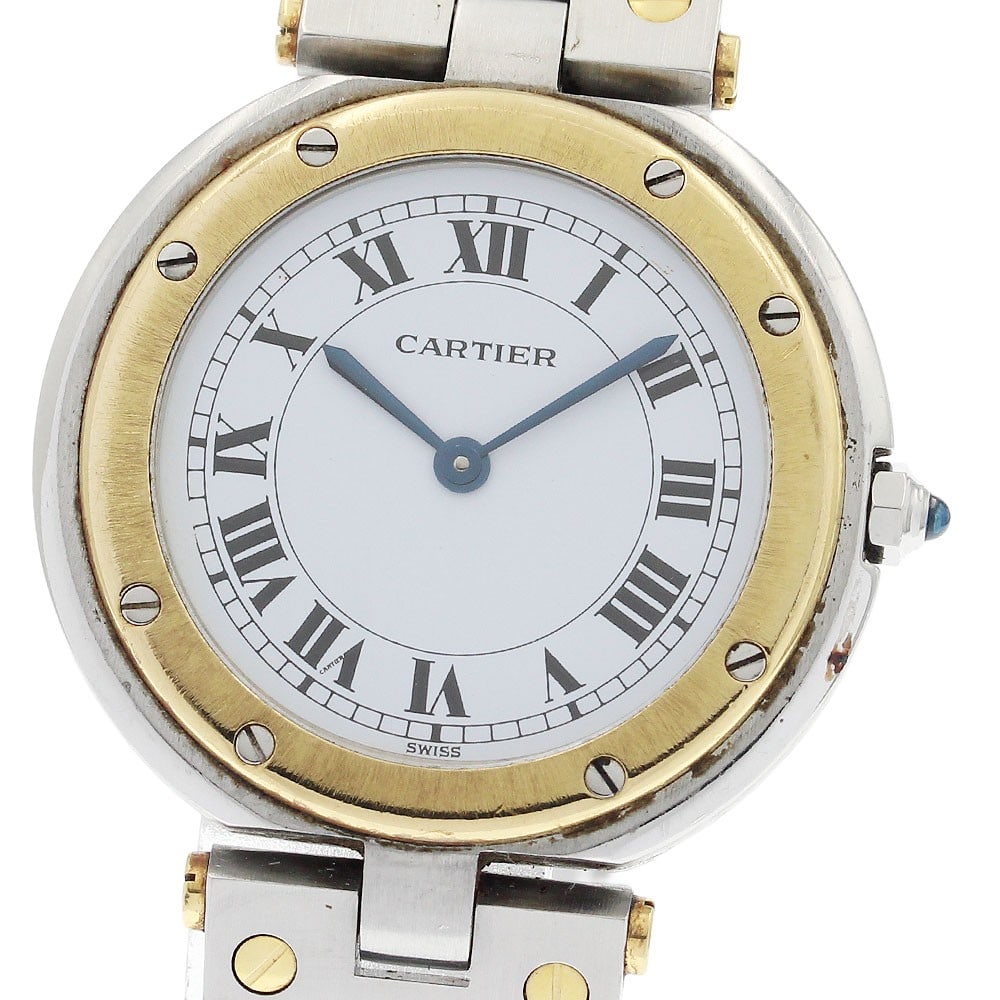 Cartier Santos Round LM mens quartz wristwatch white dial SS YG: Cartier Santos Round LM mens quartz wristwatch white dial SS YG Cartier Santos Round LM men's wristwatch with a white dial and quartz movement. This pre-owned Swiss-made watch features an SS/YG case a