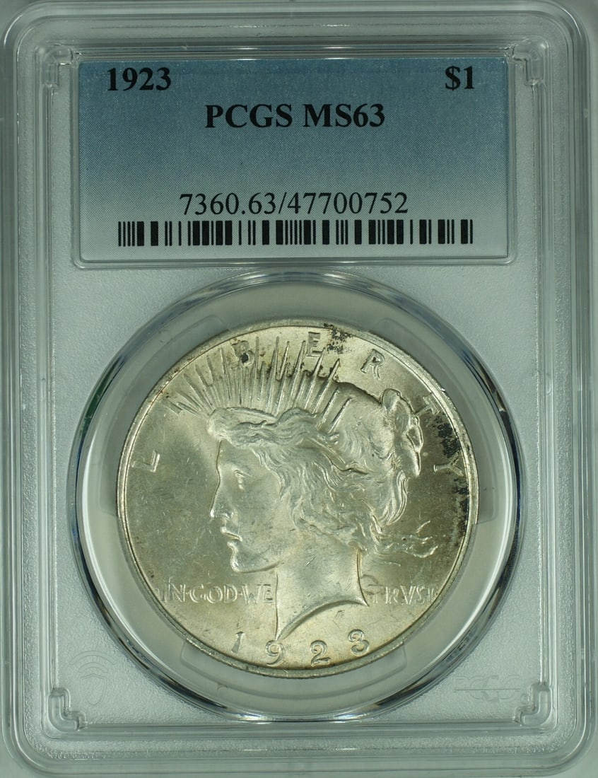 PCGS MS 63 1923 Peace Silver Dollar Certified Uncirculated Coin: PCGS MS 63 1923 Peace Silver Dollar Certified Uncirculated Coin This is a 1923 Peace Dollar coin from the United States, composed of silver. The coin has a denomination of $1 and is graded MS 63 by PC