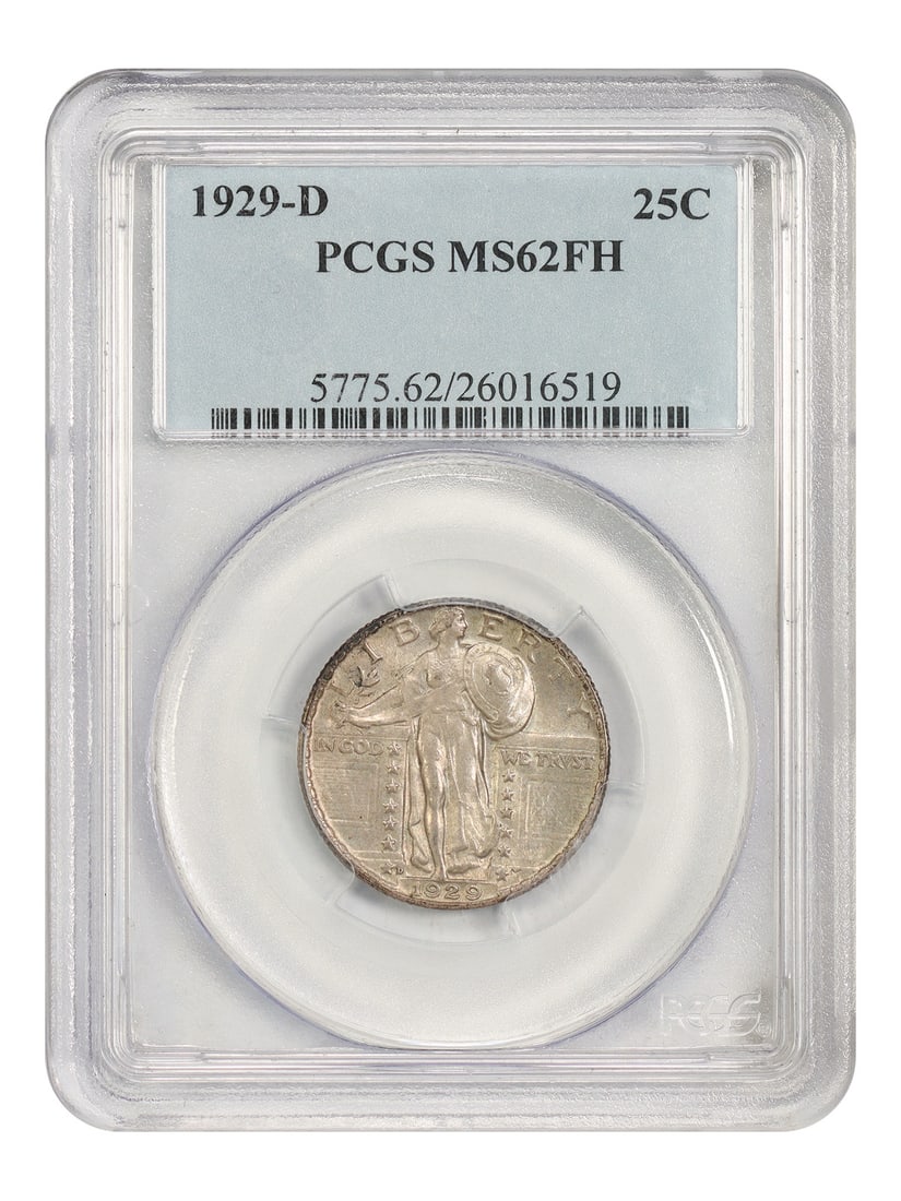 PCGS MS62FH 1929-D Standing Liberty Quarter 25C Better Date: PCGS MS62FH 1929-D Standing Liberty Quarter 25C Better Date 1929-D Standing Liberty Quarter, denomination 25C, struck at the Denver mint and certified by PCGS as MS62FH. Described as a better date wit