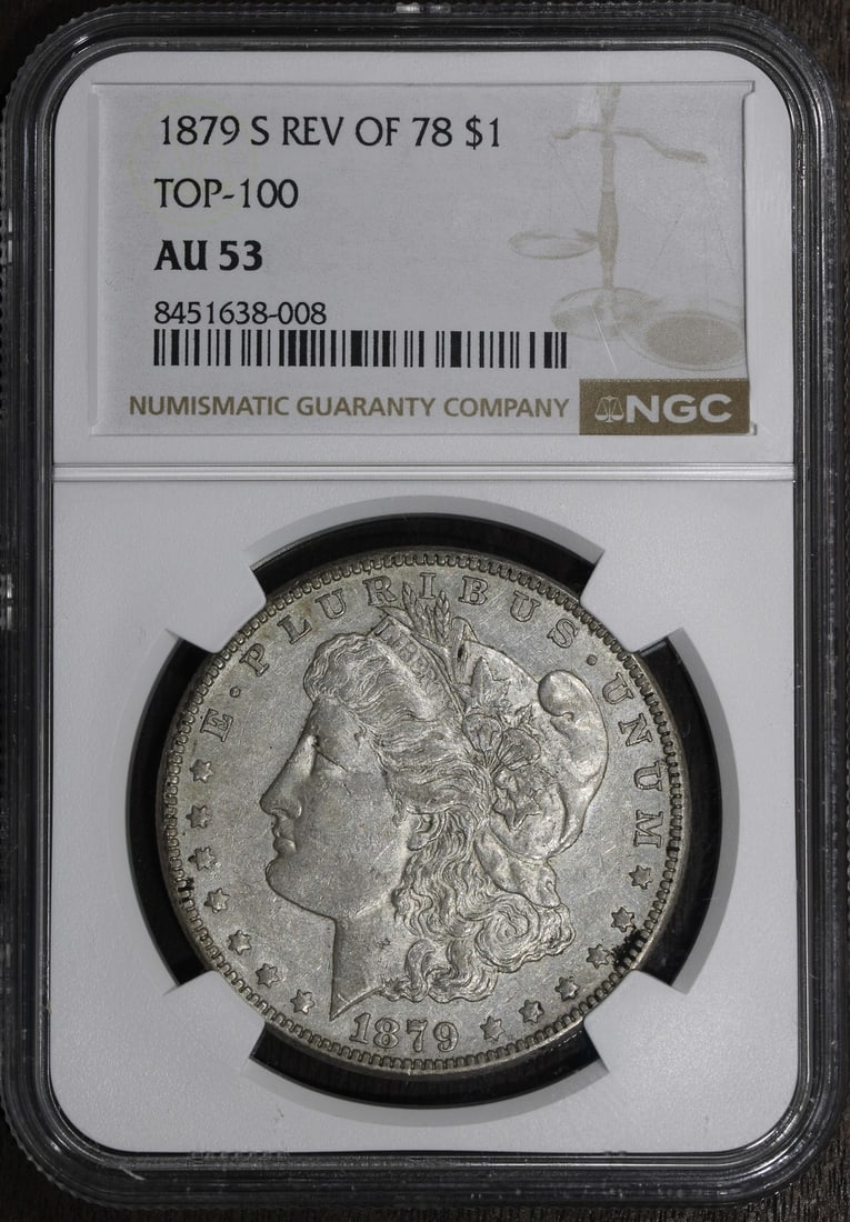 NGC AU53 1879-S Morgan Silver Dollar $1 Reverse of 1878: NGC AU53 1879-S Morgan Silver Dollar $1 Reverse of 1878 1879-S Reverse of 1878 Morgan Silver Dollar graded AU53 by NGC. This pre-owned United States $1 coin is struck in 0.9 fine silver and features t