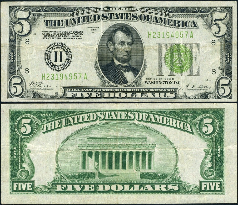 St. Louis FR 1952-H 1928-B $5 Federal Reserve Note H-A Block VF+ (1 of 3)