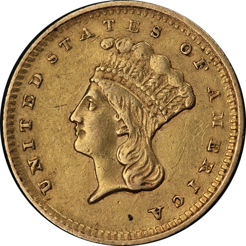 1856 P Liberty Gold Dollar Type 3 Slanted 5 XF AU: 1856 P Liberty Gold Dollar Type 3 Slanted 5 XF AU This is an original 1856-P Type 3 Liberty Gold $1 coin featuring the slanted '5' variety. The coin displays attractive luster, a strong strike, and pl