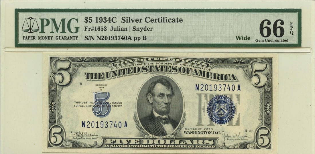 1934 $5 Silver Certificate Fr# 1653 PMG Gem 66EPQ Uncirculated: 1934 $5 Silver Certificate Fr# 1653 PMG Gem 66EPQ Uncirculated This 1934C $5 Silver Certificate, designated as Type 1653, is graded MS66 by PMG, indicating its outstanding uncirculated condition. It c