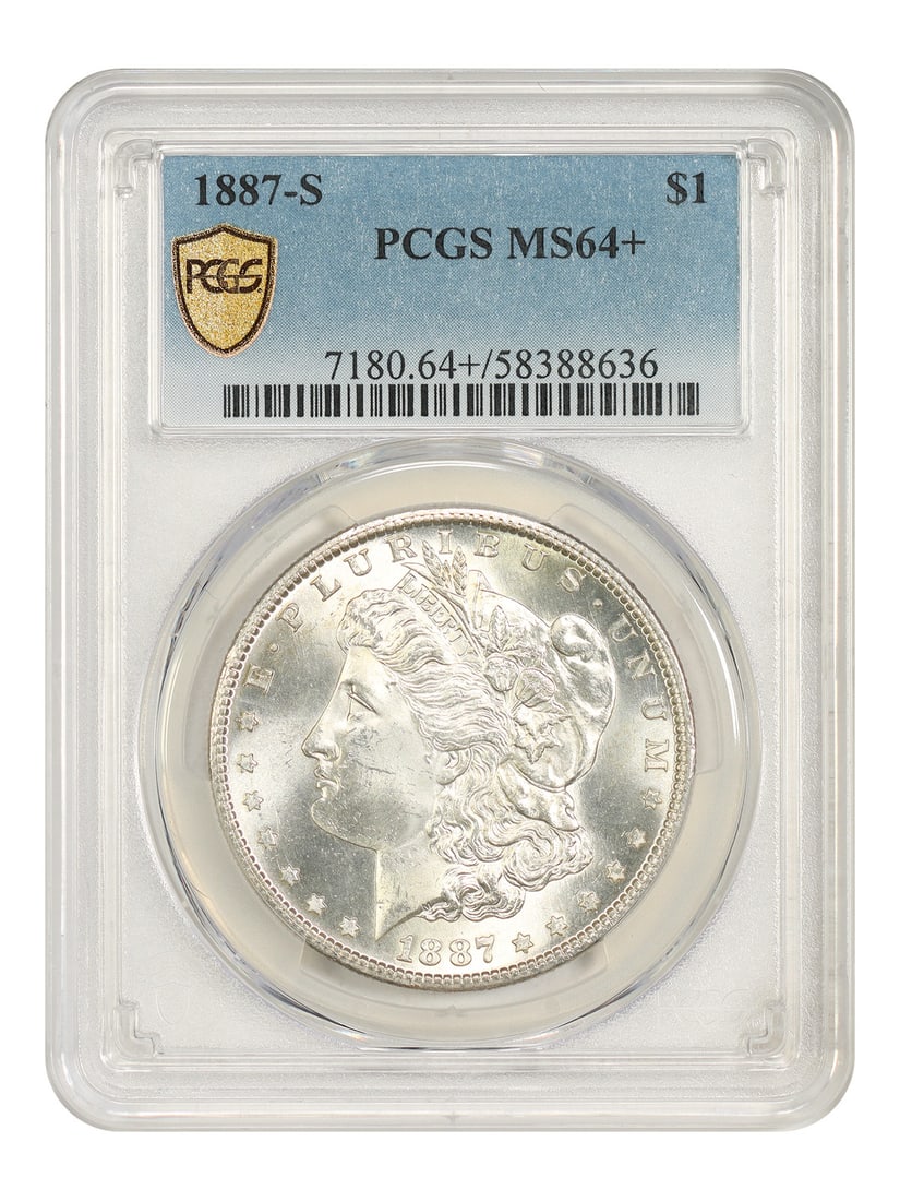 PCGS MS64+ 1887-S Morgan Silver Dollar $1: PCGS MS64+ 1887-S Morgan Silver Dollar $1 1887-S Morgan Dollar $1 certified by PCGS and graded MS64+. The coin is uncirculated and noted as mostly white, with the original description describing it as