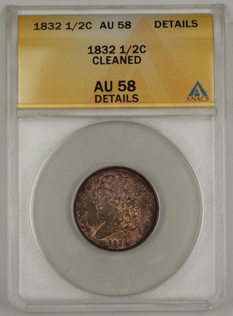 1832 US Classic Head Half Cent Copper Coin ANACS AU 58 Cleaned: 1832 US Classic Head Half Cent Copper Coin ANACS AU 58 Cleaned This 1832 Classic Head Half Cent coin was minted in Philadelphia and is composed of copper. It has been graded AU-58 Details by ANACS and