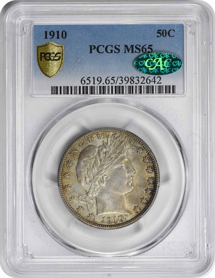 1910 Barber Half Dollar MS65 CAC Certified by PCGS: 1910 Barber Half Dollar MS65 CAC Certified by PCGS This is a 1910 Barber Half Dollar coin, graded MS65 by PCGS and approved by CAC. It is uncirculated and was minted in Philadelphia. The coin is compo