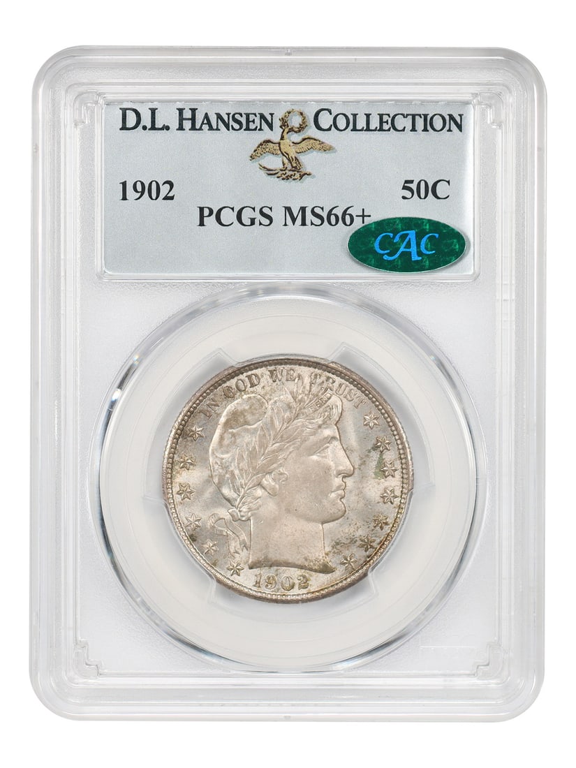 1902 Barber Half Dollar 50C PCGS CAC MS66+ ex D.L. Hansen: 1902 Barber Half Dollar 50C PCGS CAC MS66+ ex D.L. Hansen 1902 Barber Half Dollar, denomination 50C, certified by PCGS as MS66+ and CAC approved. This uncirculated example is noted as ex: D.L. Hansen.