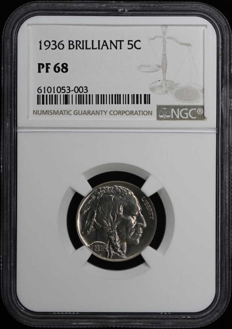 NGC PR68 1936 Buffalo Nickel Type 2 Proof 5C: NGC PR68 1936 Buffalo Nickel Type 2 Proof 5C 1936 Buffalo Nickel Type 2 proof coin graded PR68 by NGC. This pre-owned coin is an uncirculated example with proof strike and Philadelphia mint location. 