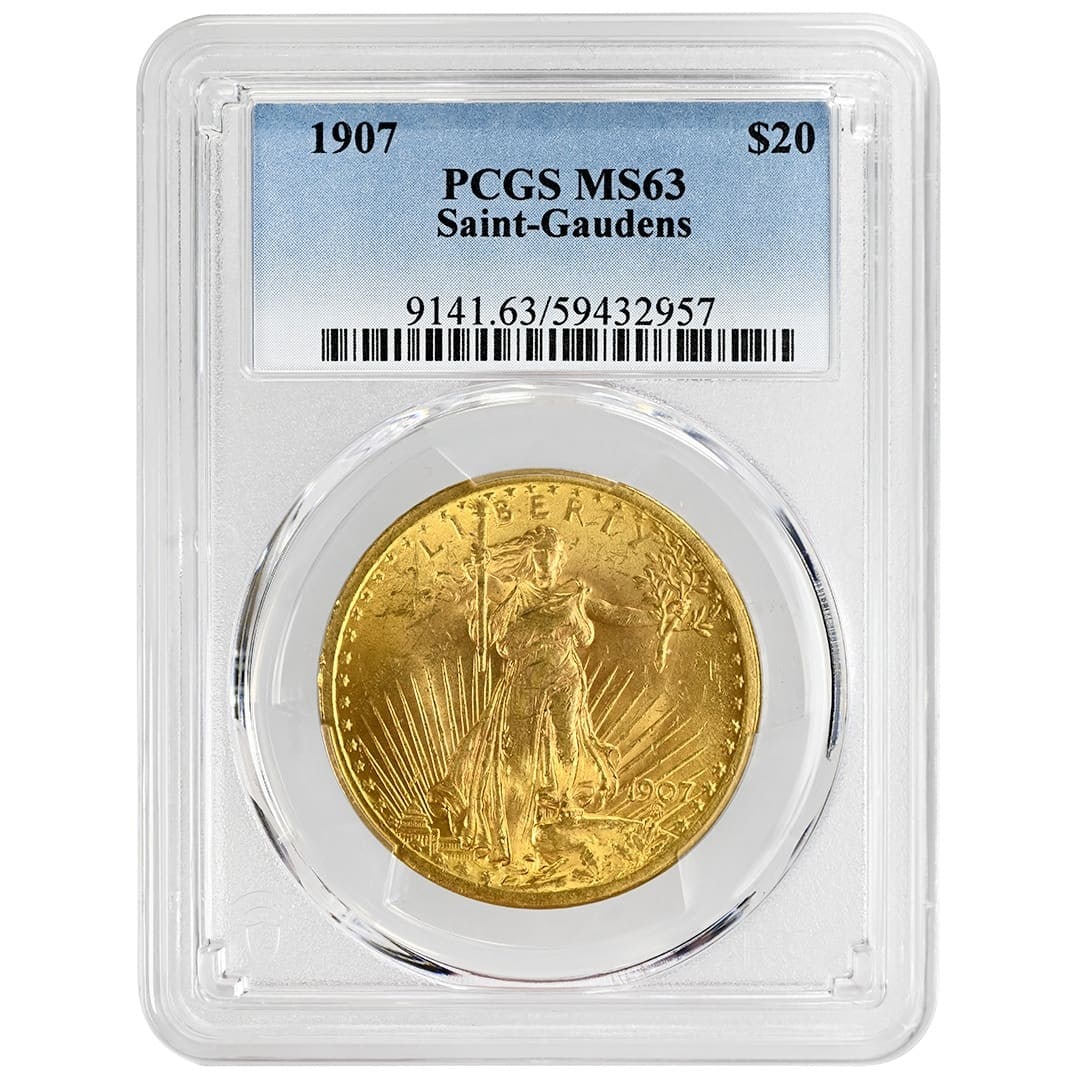 PCGS MS63 1907 Saint-Gaudens $20 Gold Double Eagle No Motto: PCGS MS63 1907 Saint-Gaudens $20 Gold Double Eagle No Motto 1907 Saint-Gaudens $20 No Motto Double Eagle gold coin graded PCGS MS63. This pre-owned United States coin was minted in Philadelphia and fe