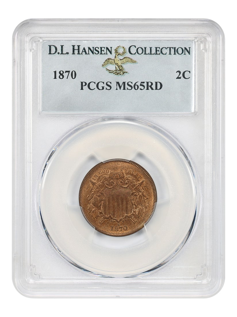 PCGS MS65RD 1870 Two Cent Coin ex D.L. Hansen: PCGS MS65RD 1870 Two Cent Coin ex D.L. Hansen 1870 Two Cent coin graded PCGS MS65RD, ex: D.L. Hansen. This uncirculated example is described as having lovely original mint red color, with only 4 finer