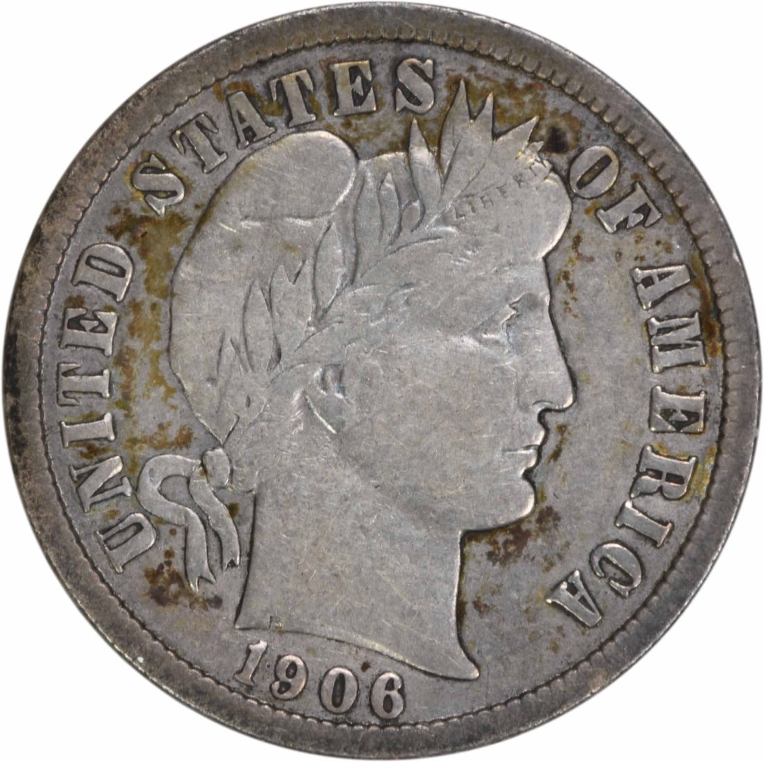 1906-O Barber Dime 10C VF Uncertified 90% Silver: 1906-O Barber Dime 10C VF Uncertified 90% Silver This 1906-O Barber Silver Dime is a remarkable piece of American numismatic history. Struck at the New Orleans Mint, this coin exhibits a grade of Very