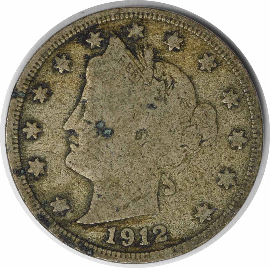 1912 S Liberty Head 5C Nickel VG Uncertified: 1912 S Liberty Head 5C Nickel VG Uncertified This 1912-S Liberty Nickel is a circulated coin from the United States, featuring the classic Liberty design. Graded as VG (Very Good), it is composed of n