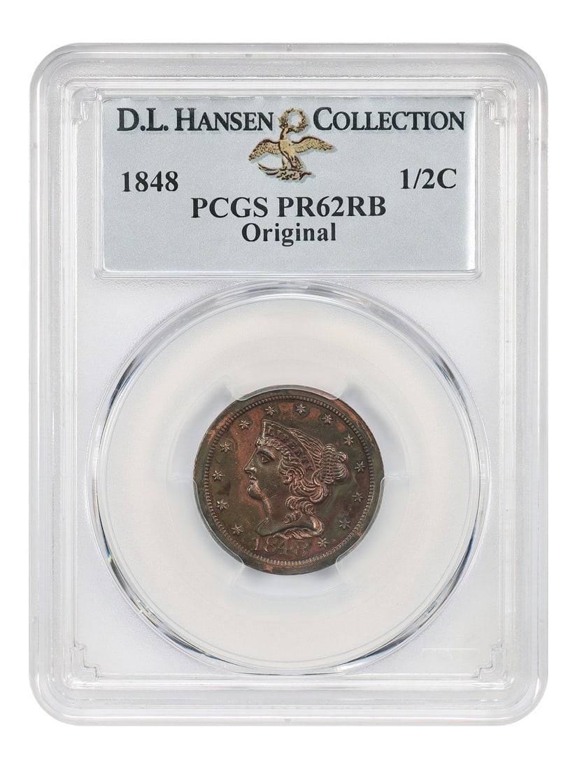 Braided Hair Half Cent 1848 PCGS PR62RB Original ex D.L. Hansen: Braided Hair Half Cent 1848 PCGS PR62RB Original ex D.L. Hansen 1848 Braided Hair Half Cent, a proof-only issue certified by PCGS as PR62RB. This original example features the diagnostic large berries