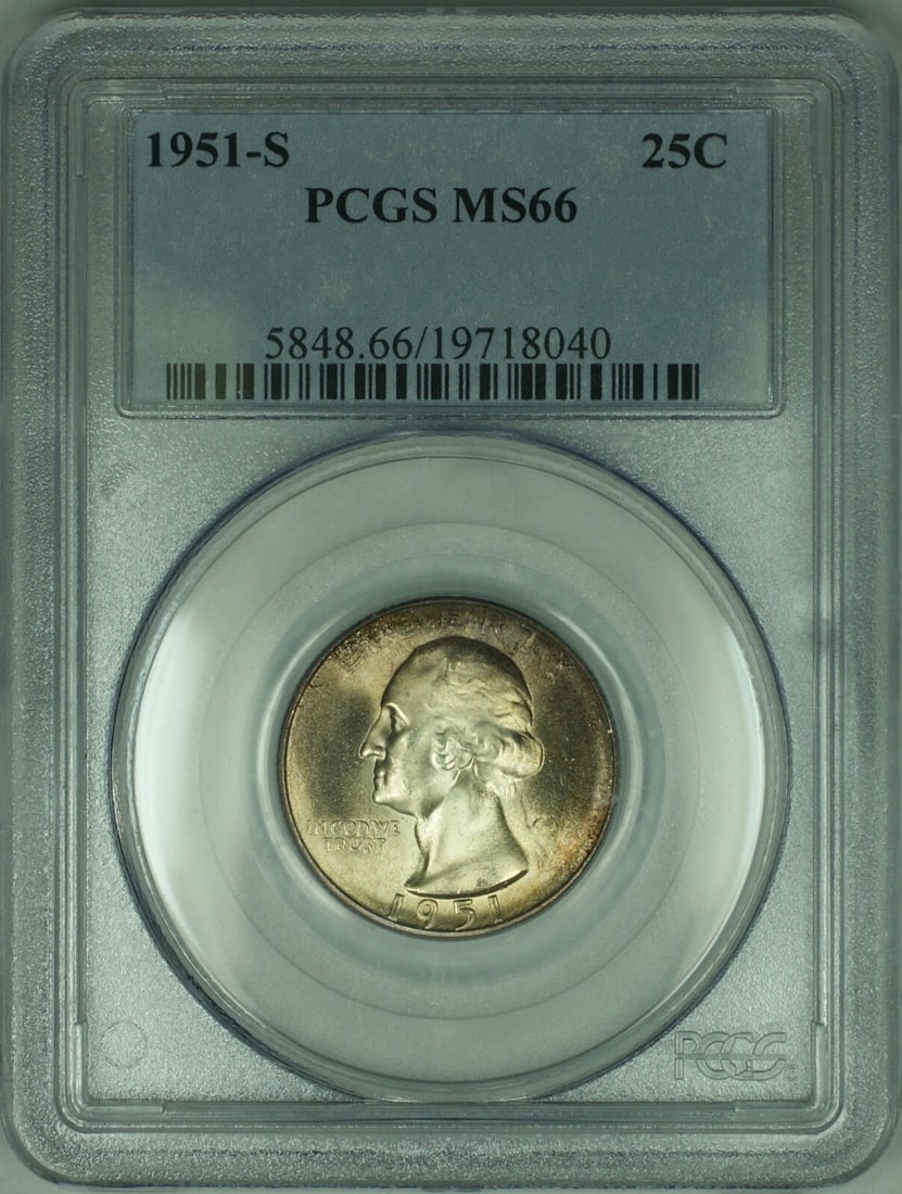 PCGS MS66 1951-S Silver Washington Quarter San Francisco Mint Gem Toned: PCGS MS66 1951-S Silver Washington Quarter San Francisco Mint Gem Toned This 1951-S Washington Silver Quarter is an uncirculated coin, graded MS66 by PCGS. It features original toning and was minted i
