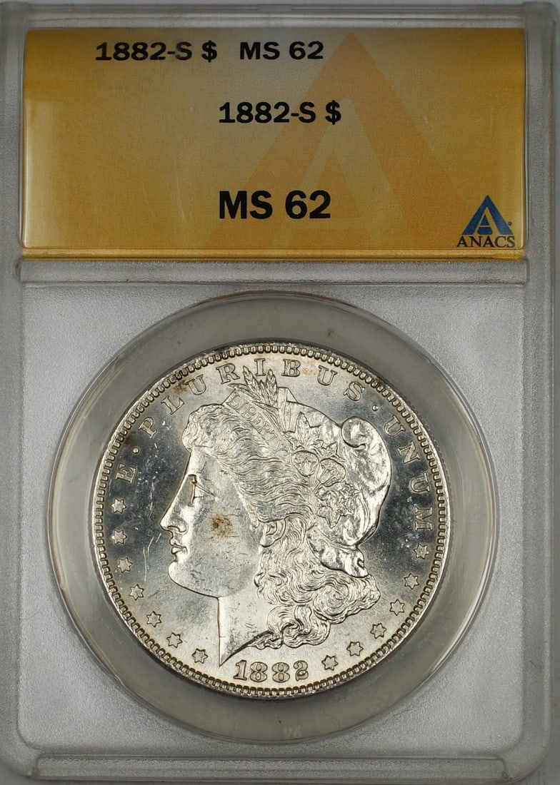 1882 San Francisco Morgan Dollar Silver ANACS MS-62 Uncirculated: 1882 San Francisco Morgan Dollar Silver ANACS MS-62 Uncirculated This is an 1882-S Morgan Silver Dollar graded MS-62 by ANACS. The coin is uncirculated and was minted in San Francisco. It is composed 