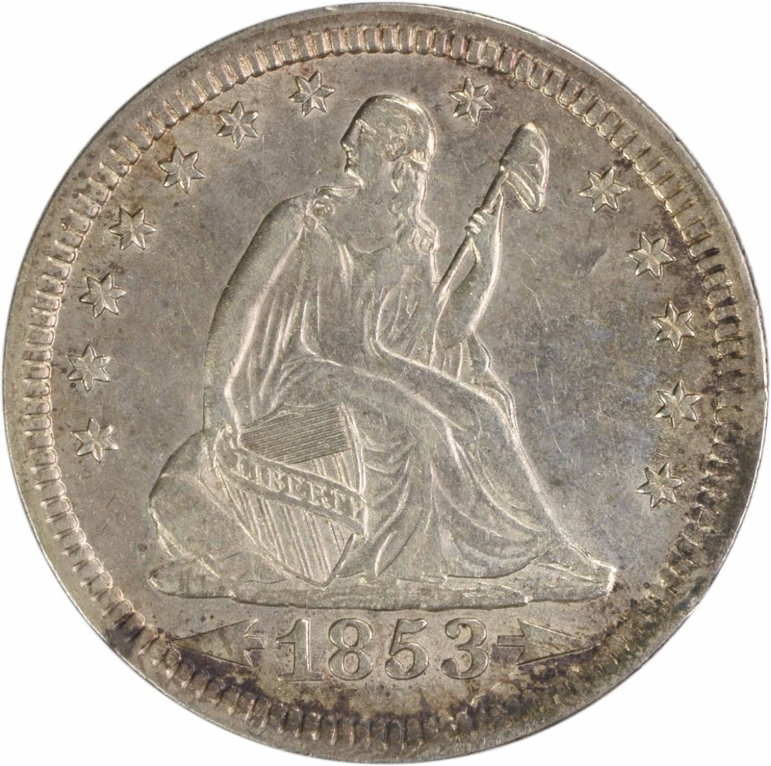 1853 Seated Liberty 25C Silver Quarter Arrows Rays AU Uncertified: 1853 Seated Liberty 25C Silver Quarter Arrows Rays AU Uncertified 1853 Liberty Seated silver quarter with Arrows and Rays design. This circulated, pre-owned coin is an uncertified example graded AU. S