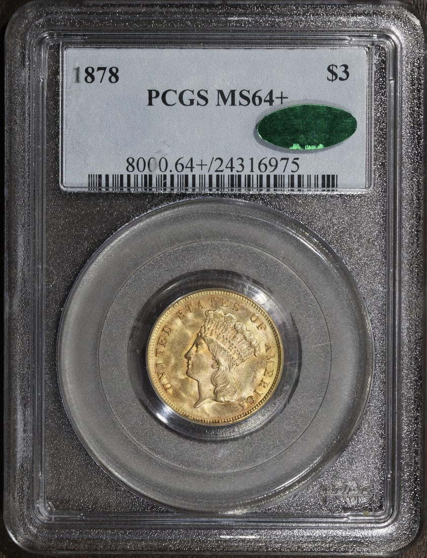 1878 PCGS MS64+ CAC Indian Princess $3 Gold Coin: 1878 PCGS MS64+ CAC Indian Princess $3 Gold Coin This 1878 Indian Princess Three Dollar Gold Piece is an uncirculated coin graded MS64+ by PCGS and features CAC approval. It is composed of gold with a