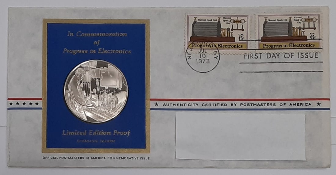 Sterling Silver 1973 Progress in Electronics Medal First Day Cover: Sterling Silver 1973 Progress in Electronics Medal First Day Cover This 1973 Postmasters of America Progress in Electronics commemorative medal is struck in 0.925 fine sterling silver by the Franklin 