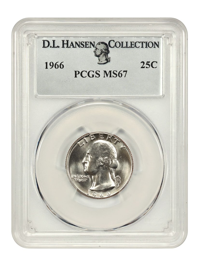 PCGS MS67 1966 Washington Quarter 25C ex D.L. Hansen: PCGS MS67 1966 Washington Quarter 25C ex D.L. Hansen 1966 Washington Quarter certified by PCGS in MS67 grade. This uncirculated example is noted as ex: D.L. Hansen. Just 19 are graded finer, quite sur