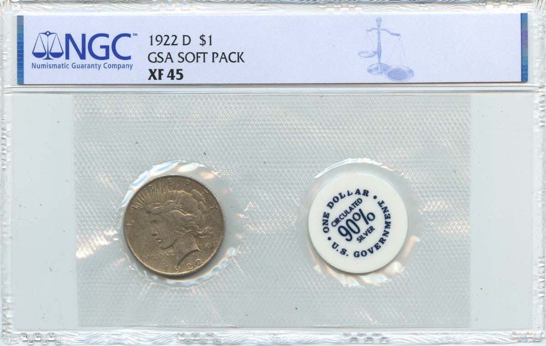 NGC XF45 Soft Pack Peace Dollar 1922 D Silver One Dollar Coin: NGC XF45 Soft Pack Peace Dollar 1922 D Silver One Dollar Coin This 1922 D Peace Dollar is graded XF45 by NGC and comes in a GSA soft pack. The coin is circulated and originates from the United States.