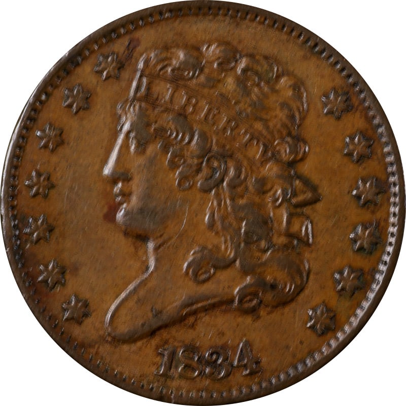 United States 1834 Copper Half Cent Circulated Coin: United States 1834 Copper Half Cent Circulated Coin This is an 1834 Half Cent coin from the United States. Crafted from copper, this coin is circulated and pre-owned. It is uncertified. Specifications
