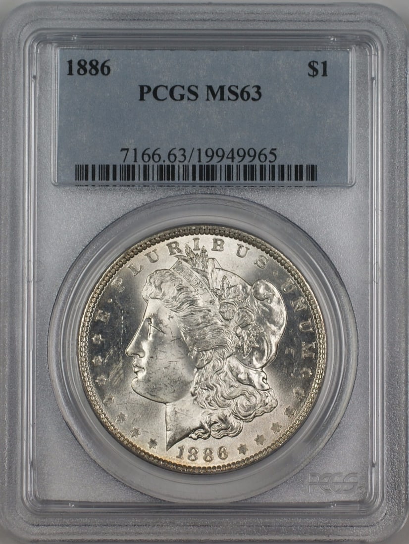 PCGS MS63 1886 Morgan Silver Dollar Philadelphia Mint: PCGS MS63 1886 Morgan Silver Dollar Philadelphia Mint This is an 1886 Morgan Silver Dollar $1 coin certified by PCGS with a grade of MS-63. The coin was minted in Philadelphia and is composed of silve