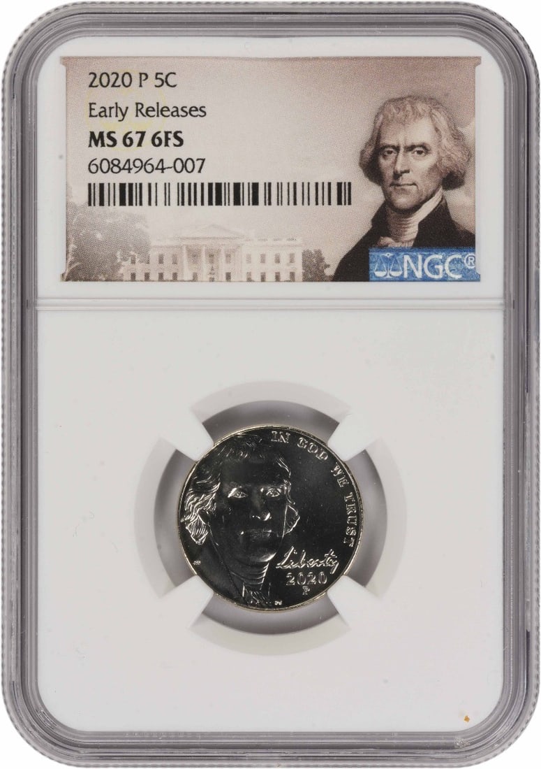 NGC MS67 2020 Philadelphia Jefferson Nickel 6FS: NGC MS67 2020 Philadelphia Jefferson Nickel 6FS This is a 2020 Jefferson Nickel from the Philadelphia Mint, graded MS67 with 6 Full Steps and Early Release designation by NGC. The coin is uncirculated