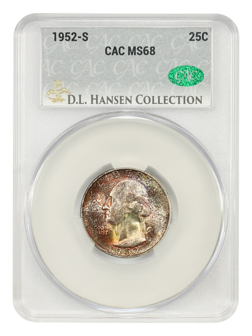 CACG MS68 1952-S Washington Quarter 25C ex D.L. Hansen: CACG MS68 1952-S Washington Quarter 25C ex D.L. Hansen 1952-S Washington Quarter certified by CACG in MS68 and pedigreed ex: D.L. Hansen. Tied for finest known at CACG and bested by only one MS68+ exa
