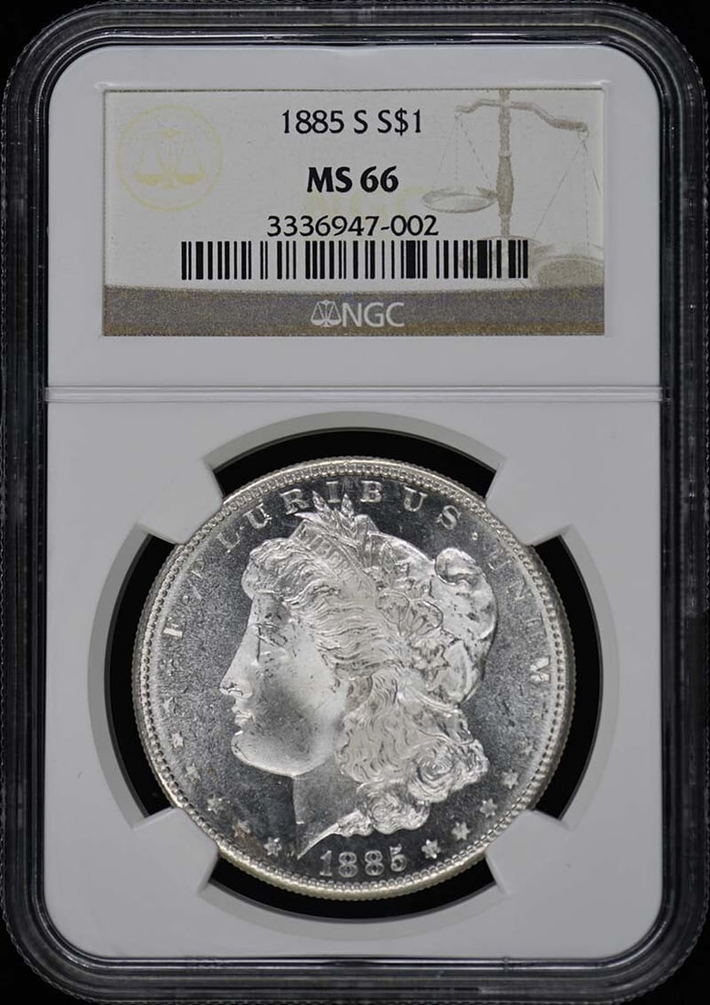 1885-S Morgan Dollar NGC MS66 Uncirculated San Francisco Coin: 1885-S Morgan Dollar NGC MS66 Uncirculated San Francisco Coin This 1885-S Morgan Dollar is a stunning piece of numismatic history, certified by NGC with a grade of MS66. Struck in San Francisco, this 