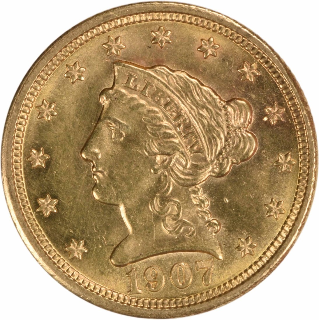 1907 Liberty Head $2.50 Gold Coin BU Uncertified: 1907 Liberty Head $2.50 Gold Coin BU Uncertified 1907 $2.50 Gold Liberty Head coin in BU condition. This uncirculated, uncertified United States coin is composed of gold and dates to the pre-1933 peri