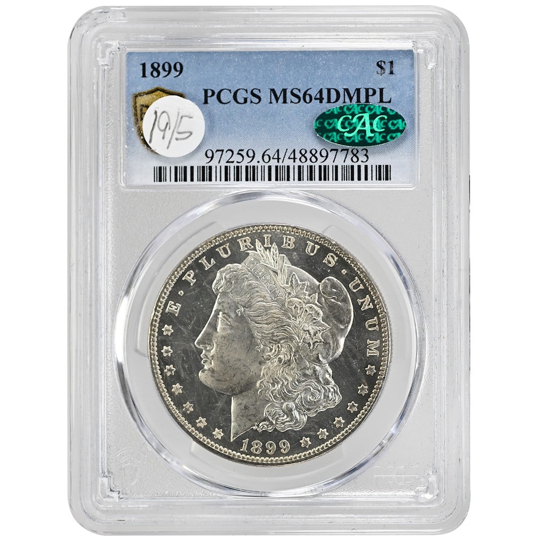 1899 Morgan Silver Dollar PCGS MS64DMPL CAC: 1899 Morgan Silver Dollar PCGS MS64DMPL CAC This 1899 Morgan Dollar is a highly graded collectible coin, certified by PCGS and CAC as MS64DMPL, indicating a Deep Mirror Proof-Like strike. Minted in Ph