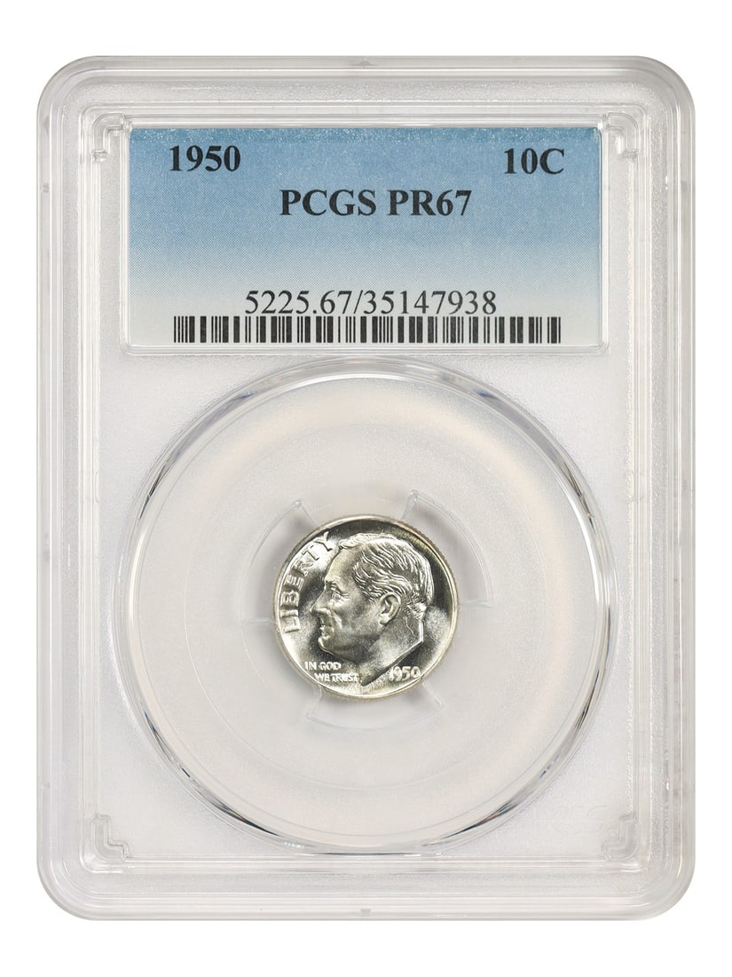 PCGS PR67 1950 Roosevelt Dime 10C Philadelphia: PCGS PR67 1950 Roosevelt Dime 10C Philadelphia A 1950 Roosevelt Dime graded PCGS PR67. This uncirculated 10C coin was minted in Philadelphia and is identified by certification number 35147938. Conditi