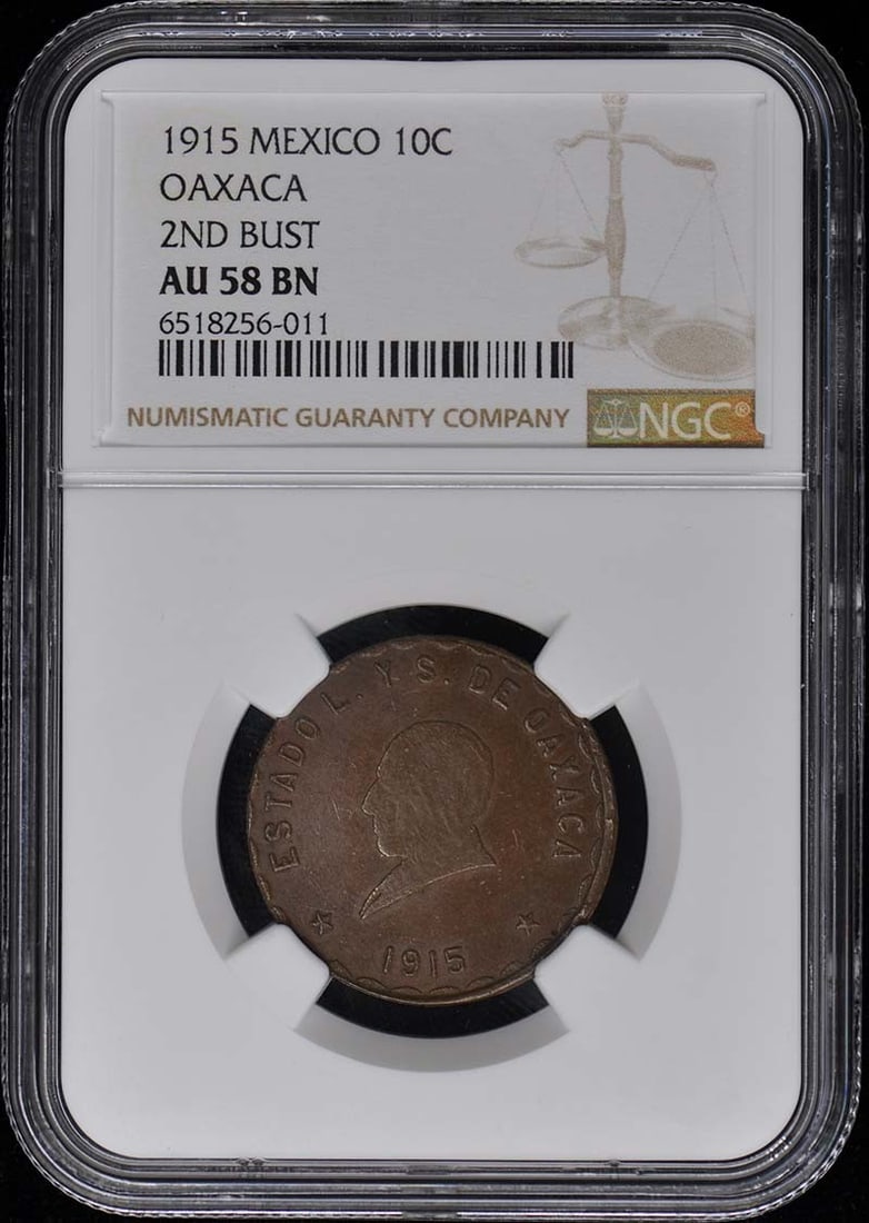 1915 Mexico Oaxaca 10 Centavos Coin NGC AU58: 1915 Mexico Oaxaca 10 Centavos Coin NGC AU58 This 1915 Mexico Oaxaca 10 Centavos coin is certified by NGC with a grade of AU58, indicating it is in almost uncirculated condition. The coin has been cir