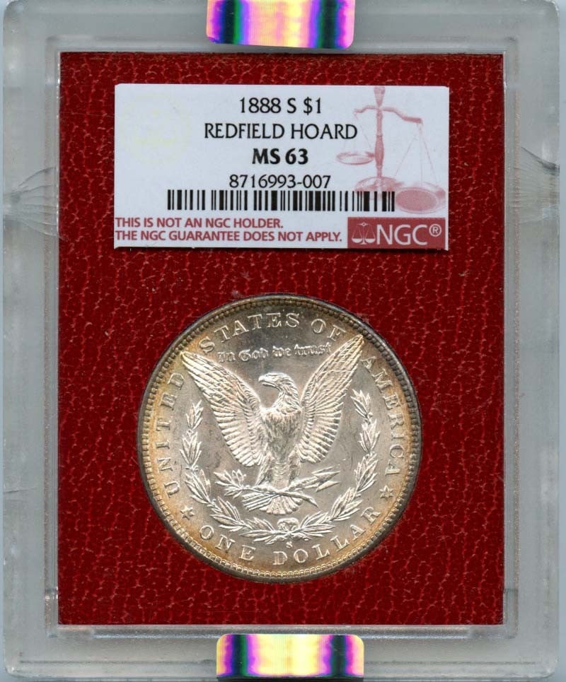1888 Redfield Hoard Morgan Dollar NGC MS63: 1888 Redfield Hoard Morgan Dollar NGC MS63 This is an 1888 Redfield Hoard $1 coin from the United States, graded MS63 by NGC. The coin is uncirculated and comes with NGC certification. Specifications 