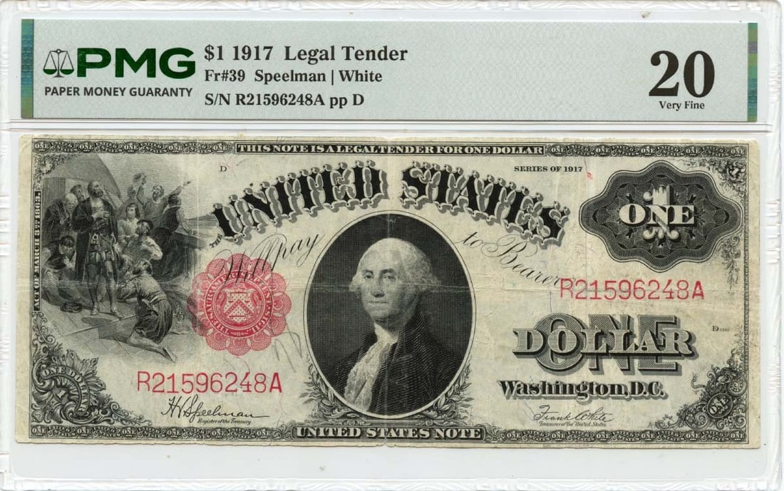 PMG VF20 1917 United States $1 Legal Tender Note Fr 39: PMG VF20 1917 United States $1 Legal Tender Note Fr 39 1917 United States $1 Legal Tender Note, graded PMG VF20. This pre-owned note is circulated and certified by PMG. Specifications Item Type: Bankn