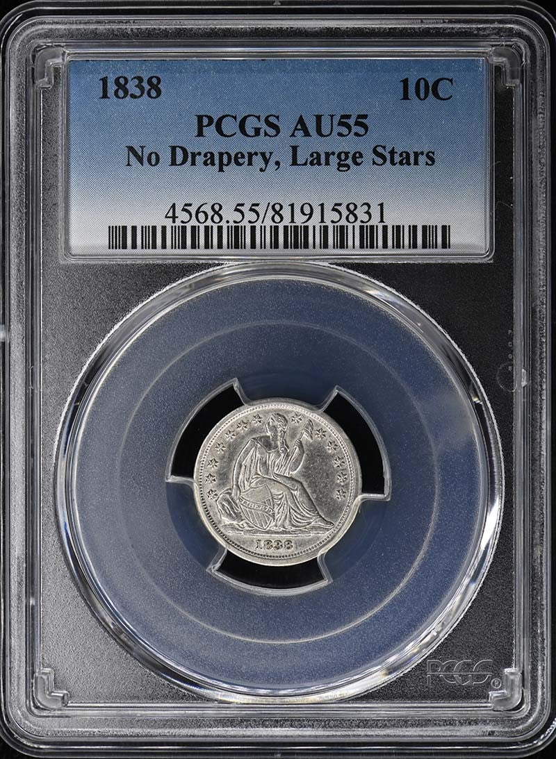 PCGS AU55 1838 Liberty Seated Dime Large Stars 10C: PCGS AU55 1838 Liberty Seated Dime Large Stars 10C 1838 Liberty Seated dime certified by PCGS and graded AU55. This pre-owned coin is a circulated example of the Large Stars variety. Specifications Ye