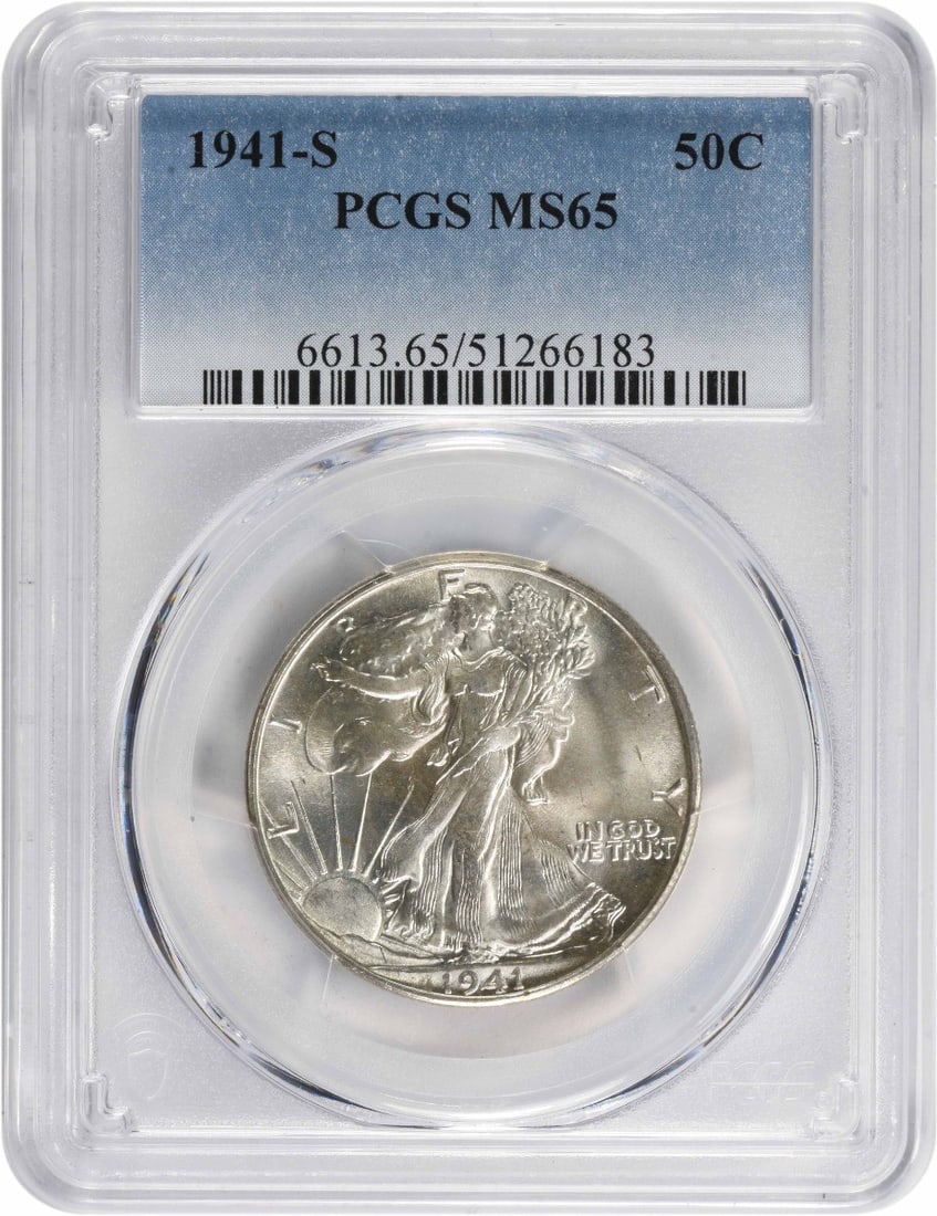 1941-S Walking Liberty Half Dollar MS65 PCGS 90% Silver: 1941-S Walking Liberty Half Dollar MS65 PCGS 90% Silver This stunning 1941-S Walking Liberty Half Dollar is graded MS65 by PCGS, ensuring its exceptional quality and appeal for collectors. Struck in S