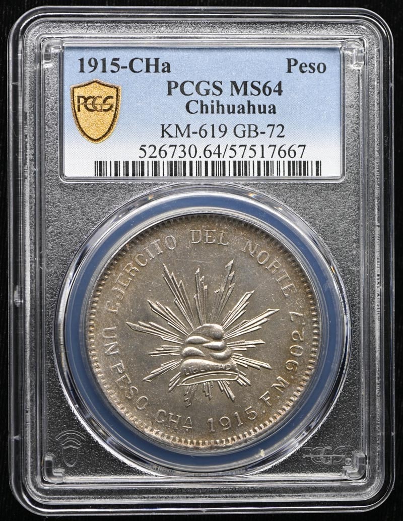 Mexico Chihuahua 1915-CHa Peso KM-619 GB-72 PCGS MS64: Mexico Chihuahua 1915-CHa Peso KM-619 GB-72 PCGS MS64 1915 Chihuahua, Mexico peso coin certified by PCGS and graded MS64. This pre-owned coin is listed as uncirculated and identified as KM-619 and GB-