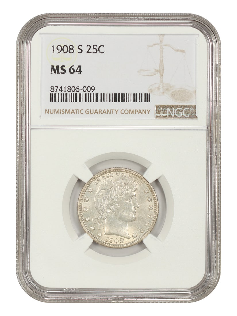 NGC MS64 1908 S Barber Quarter 25C Uncirculated: NGC MS64 1908 S Barber Quarter 25C Uncirculated 1908-S Barber Quarter certified by NGC in MS64. This uncirculated example is a low mintage date, with only 784,000 coins struck. The original descriptio