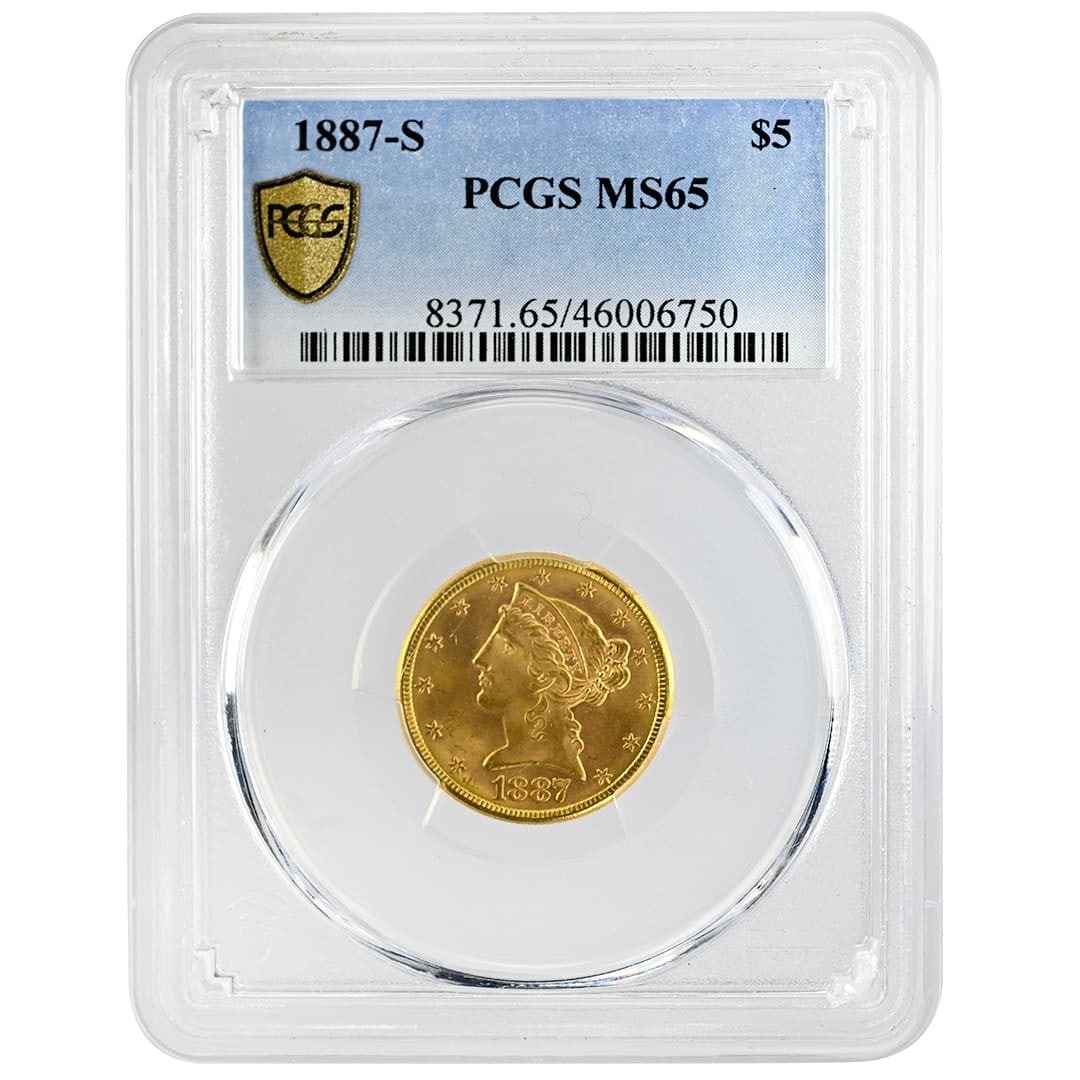 PCGS MS65 1887-S Liberty Head $5 Gold Half Eagle With Motto: PCGS MS65 1887-S Liberty Head $5 Gold Half Eagle With Motto Pre-owned 1887-S $5 Liberty Head Gold Half Eagle with Motto, graded MS65 by PCGS. Specifications Denomination: $5 Coin Type: Liberty Head Go