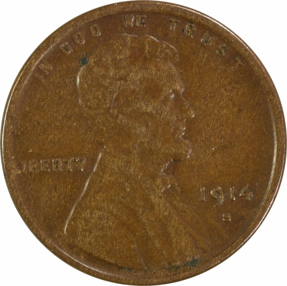 1914 S Lincoln Wheat Small Cent EF Copper Uncertified: 1914 S Lincoln Wheat Small Cent EF Copper Uncertified 1914-S Lincoln Wheat small cent in EF grade. This circulated, uncertified coin is struck in copper and is a pre-owned example from the United Stat