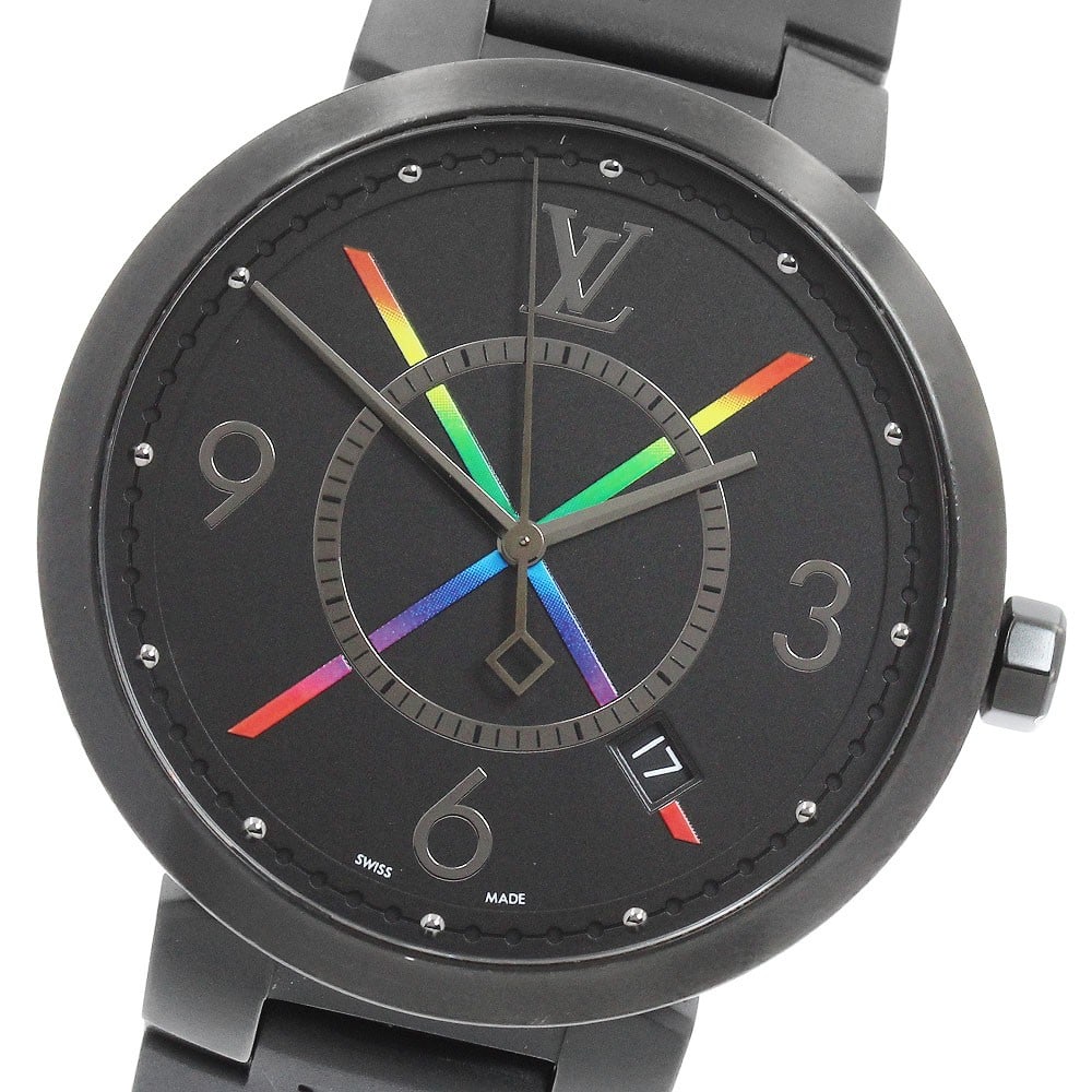 Louis Vuitton QA113 Tambour Slim Rainbow Mens Quartz Wristwatch: Louis Vuitton QA113 Tambour Slim Rainbow Mens Quartz Wristwatch Louis Vuitton Tambour Slim Rainbow Quartz men's wristwatch, reference QA113, made in Switzerland. It features a stainless steel case, bl