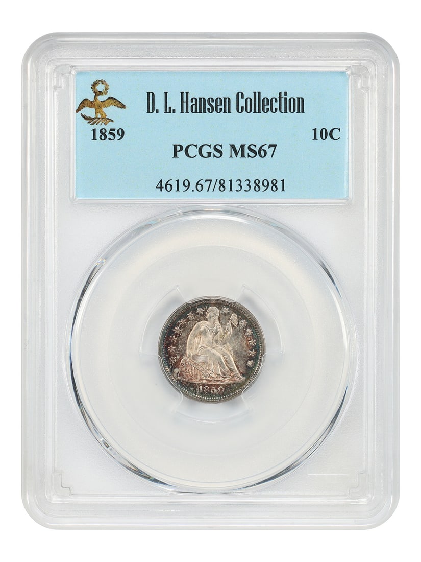 Liberty Seated Dime 1859 10C PCGS MS67 ex D.L. Hansen (1 of 4)