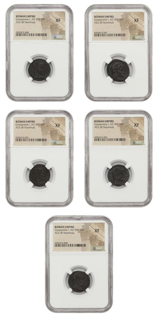 Lot of 5 Roman AE3 Coins NGC XF Constantine I AD 307-337: Lot of 5 Roman AE3 Coins NGC XF Constantine I AD 307-337 This lot includes five coins from the Roman Empire, specifically minted between AD 307 and 337, featuring the AE3 (BI Nummus) type. Each coin h